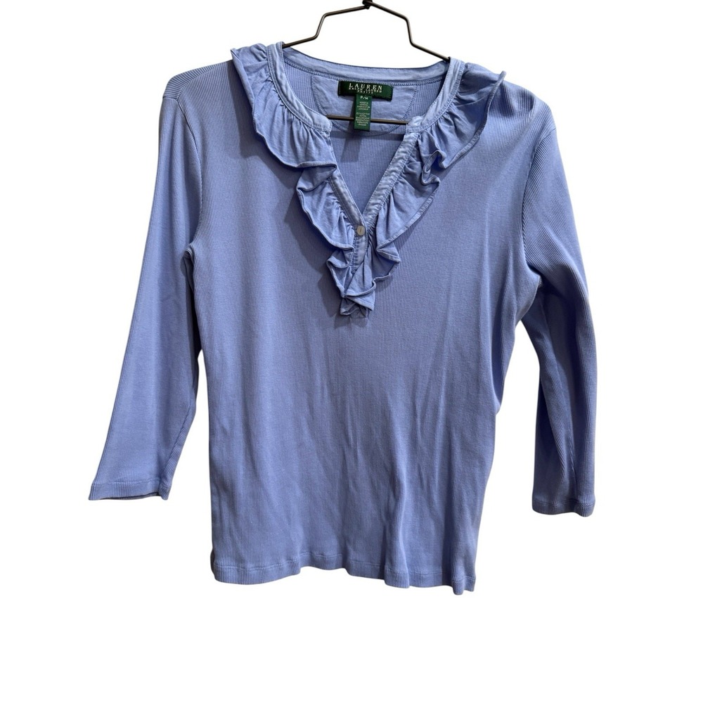 LAUREN RALPH LAUREN‎ Women MP Blue Ribbed Henley 3/4 Sleeve Ruffle Cotton Top
